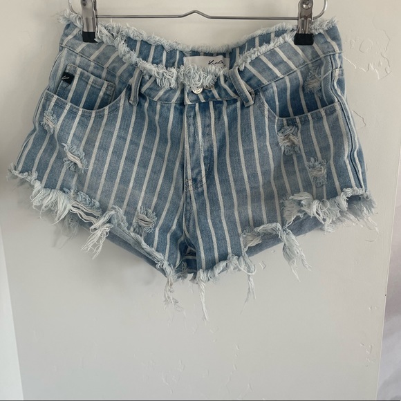 KanCan Pants - Kancan Jean Shorts Womens Size M Striped Mid-Rise Frayed Distressed Blue Casual